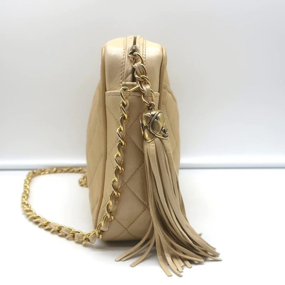 Vintage Chanel Quilted Tassel Camera Bag Beige Leather Chain Strap Shoulder Bag - Picture 4 of 12